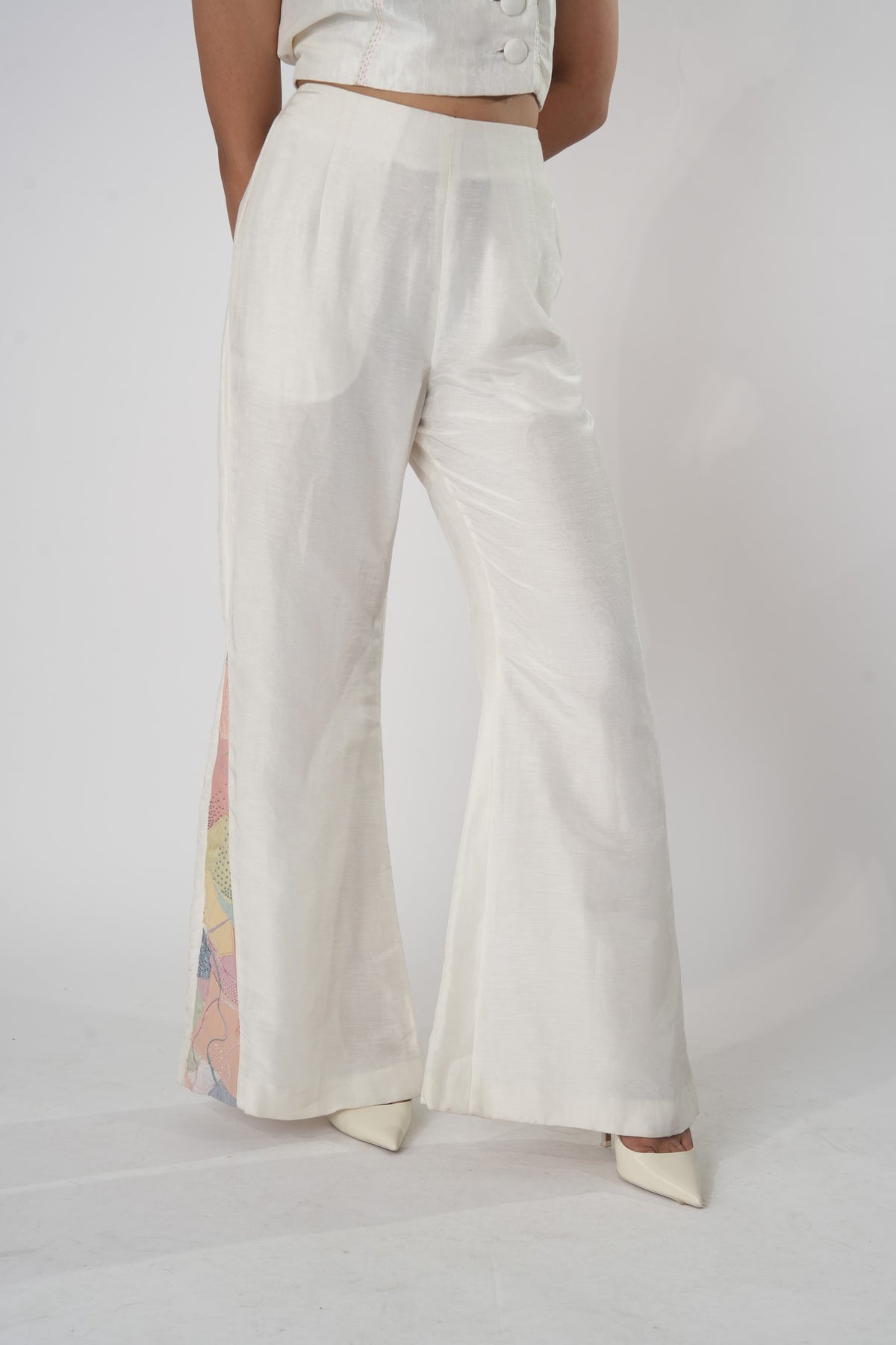 Patchwork Flared Trousers – Whisper - White