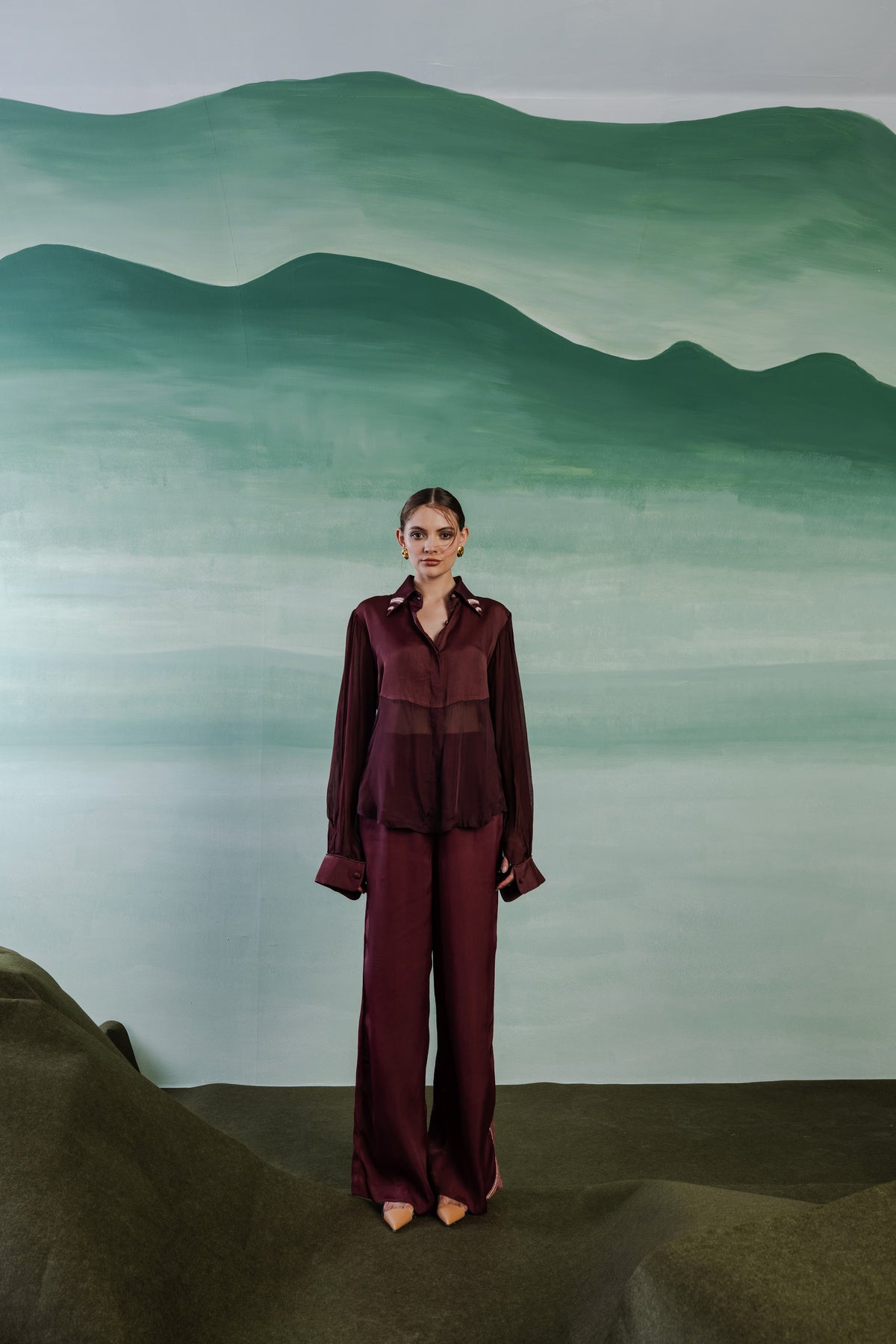 Extended Yoke Satin Shirt - Wine Berry