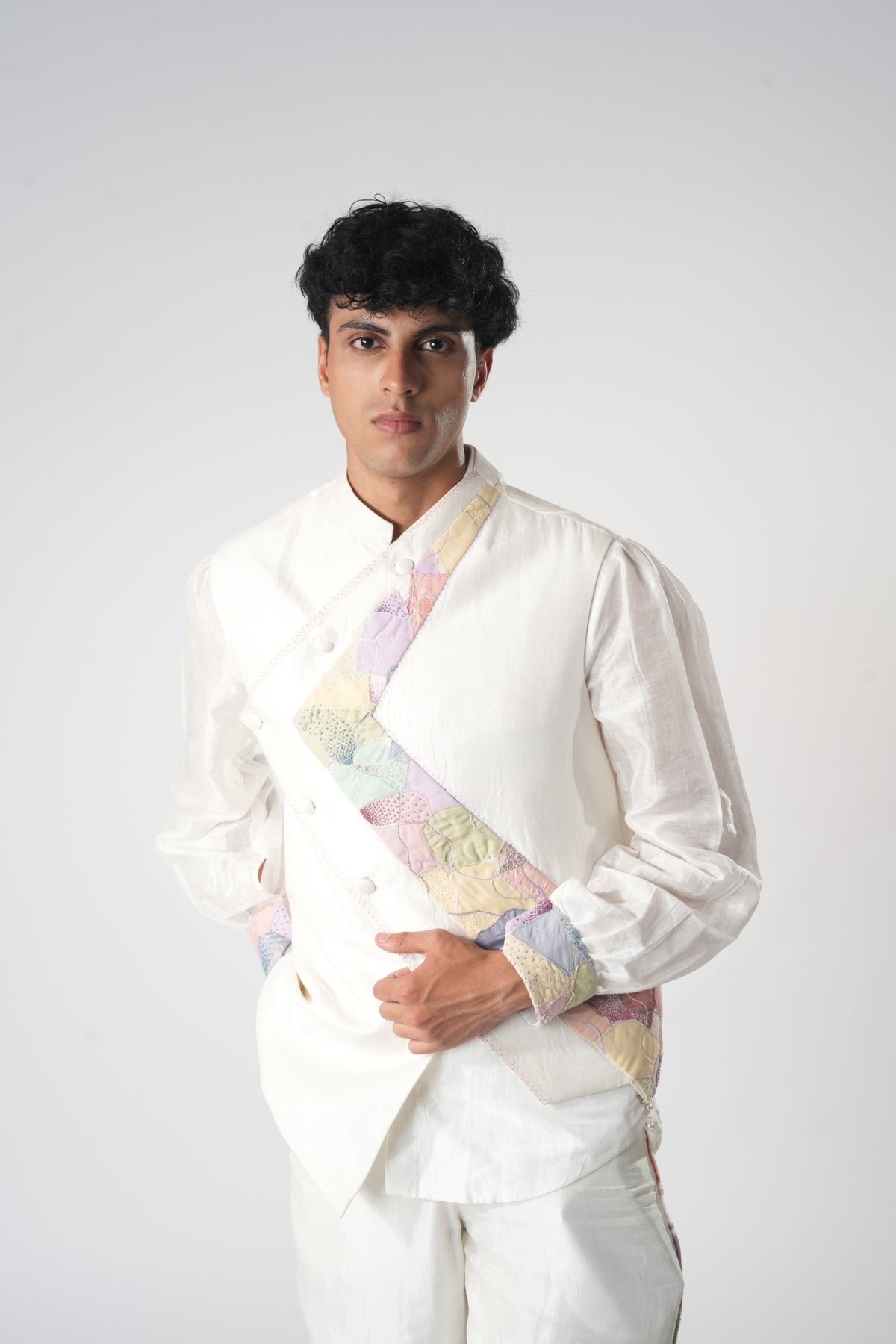 Men's Patchwork Asymmetric Sadri – Prism - White
