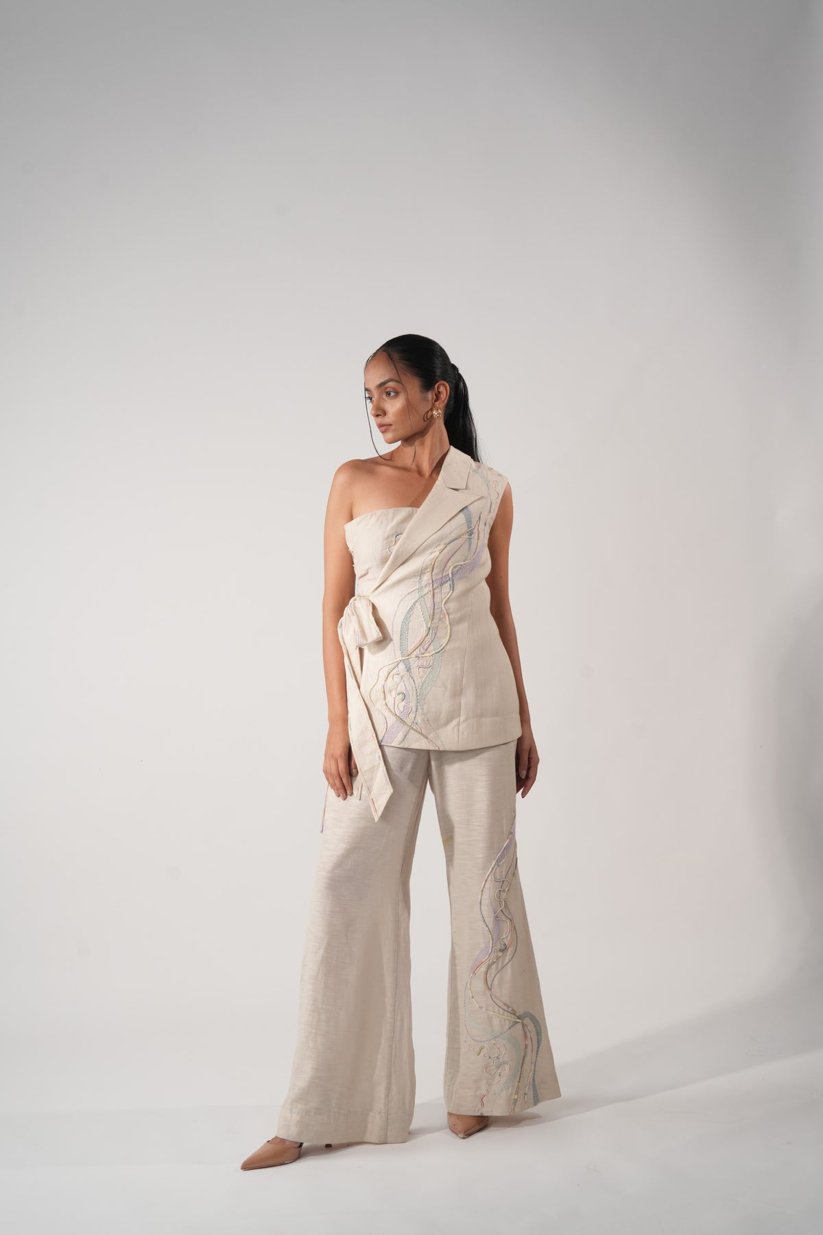 Embroidered Bell Bottom Trousers – Prairie - Beige