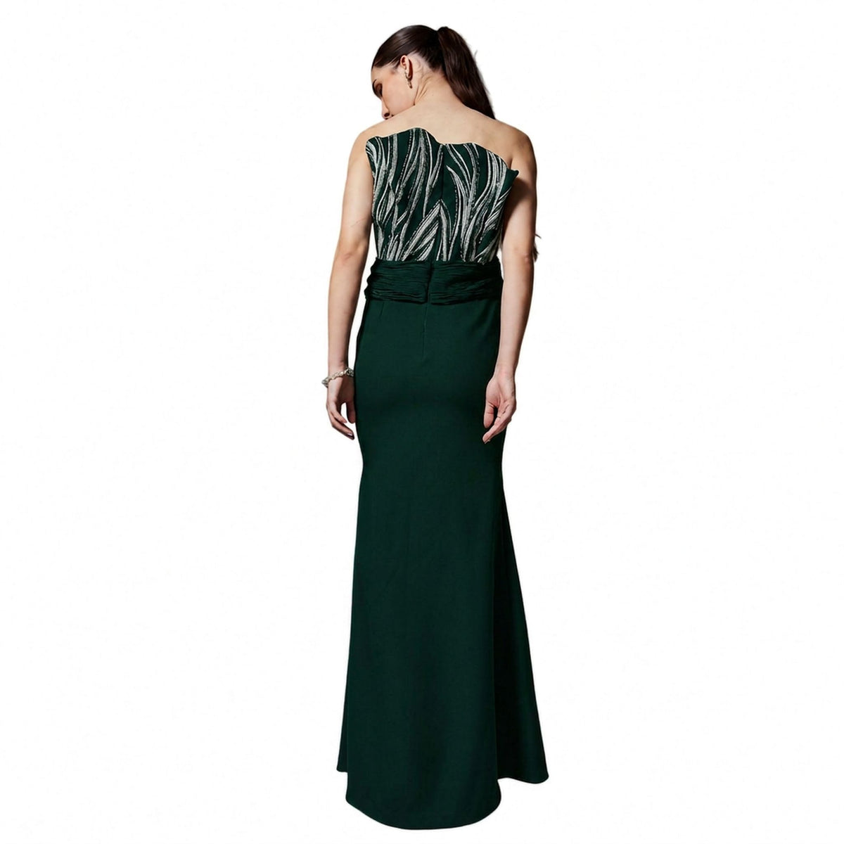 Off-Shoulder Embroidered Gown – Rivulet - Dark Green
