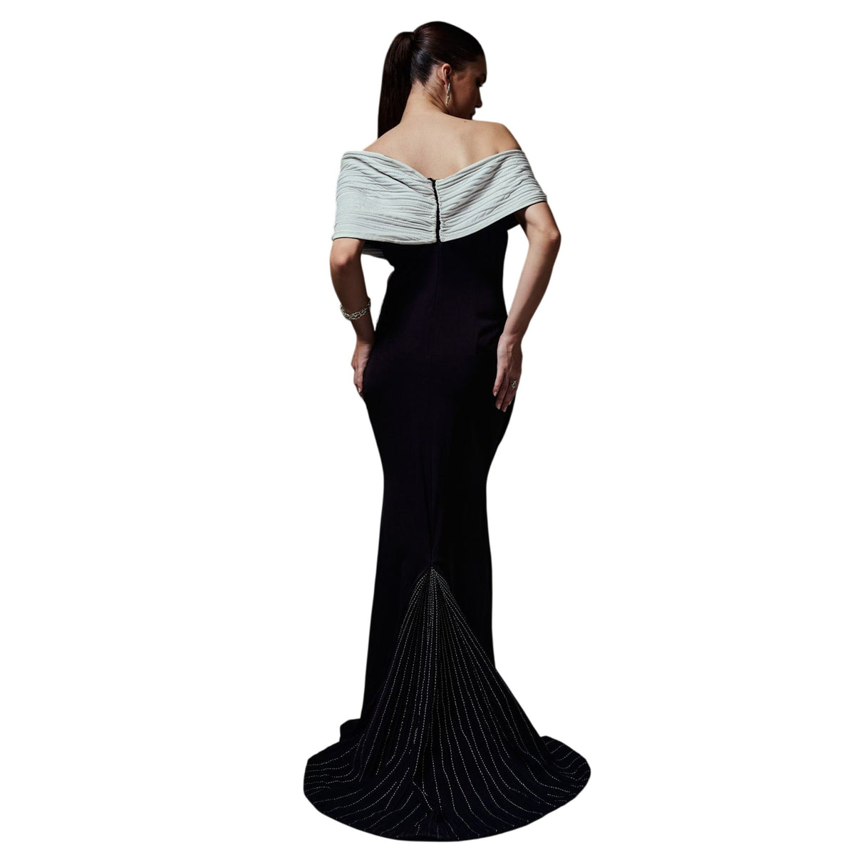 Off-Shoulder Column Gown – Spiral - Black And White