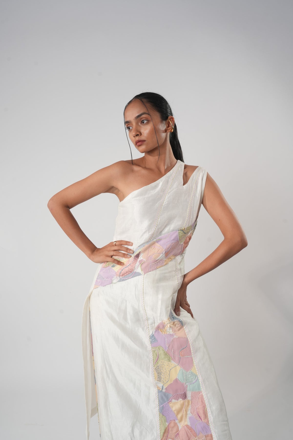 One-Shoulder Patchwork Kurta – Harmony - White