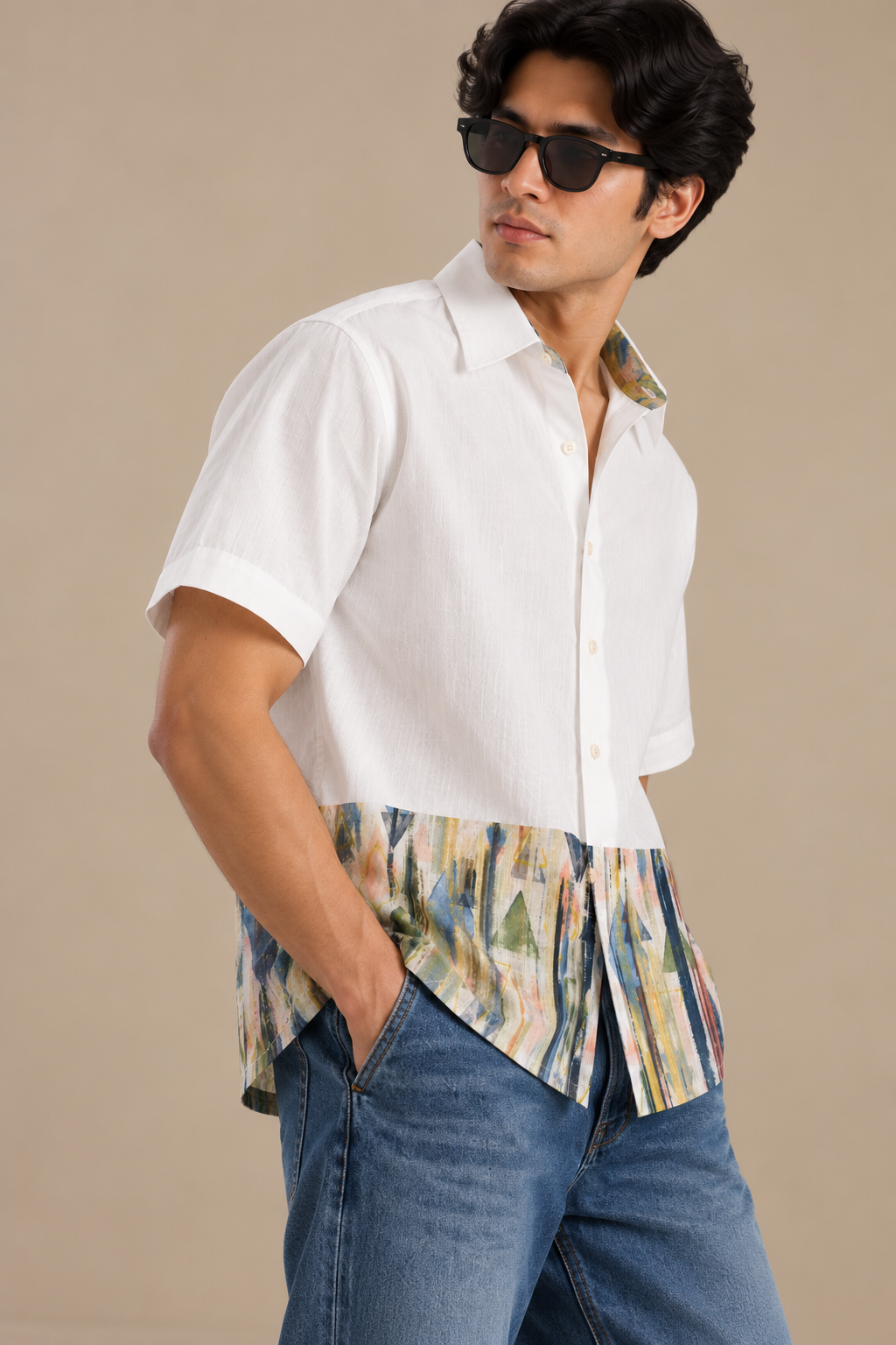 Men's Hem Patch Shirt – Warli - Neutral Stripe Print