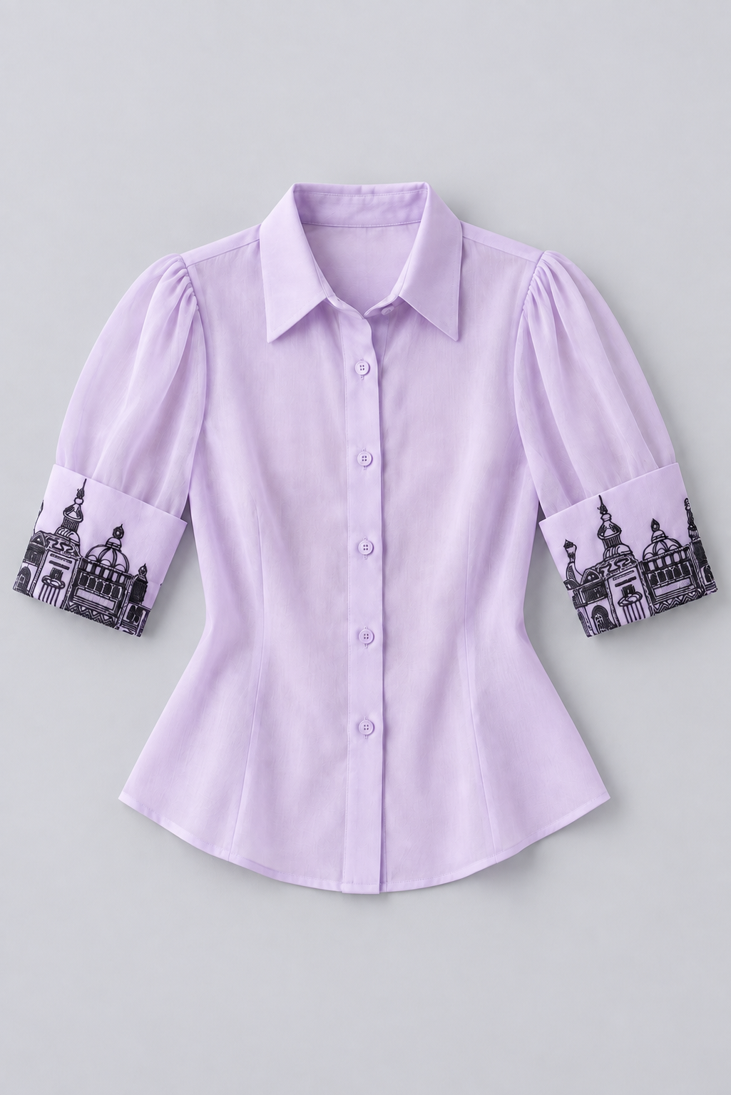 Embroidered Cuff Satin Shirt – Ensemble - Lavender