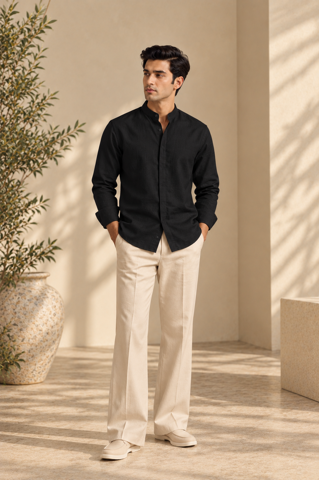 Men's Cotton Mandarin Collar Shirt - Black
