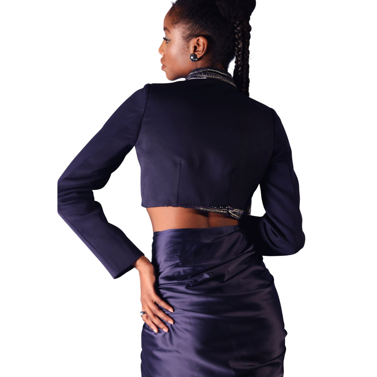 Asymmetric Wrap Crop Jacket – Zahra - Navy Blue