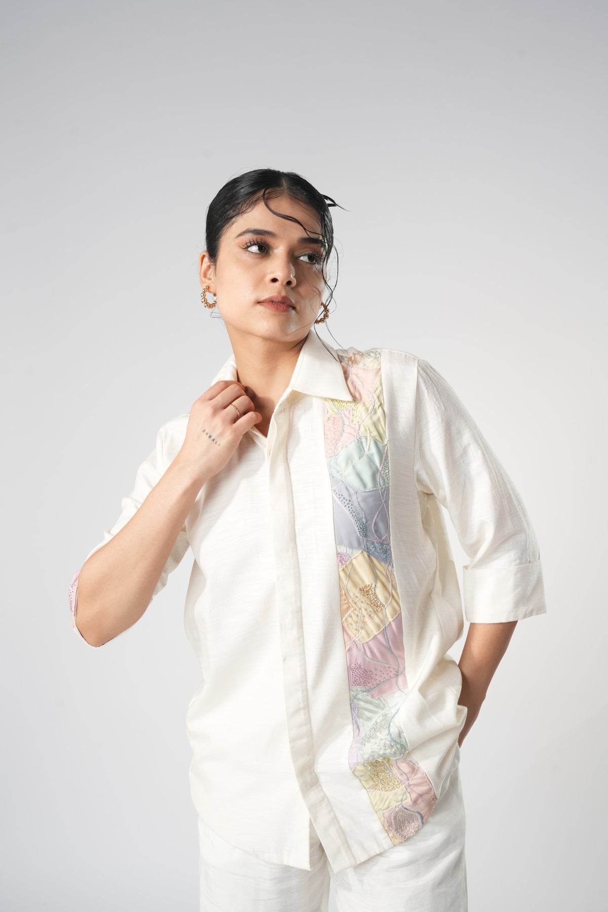 Patchwork Panel Button-Down Shirt – Meridian - White