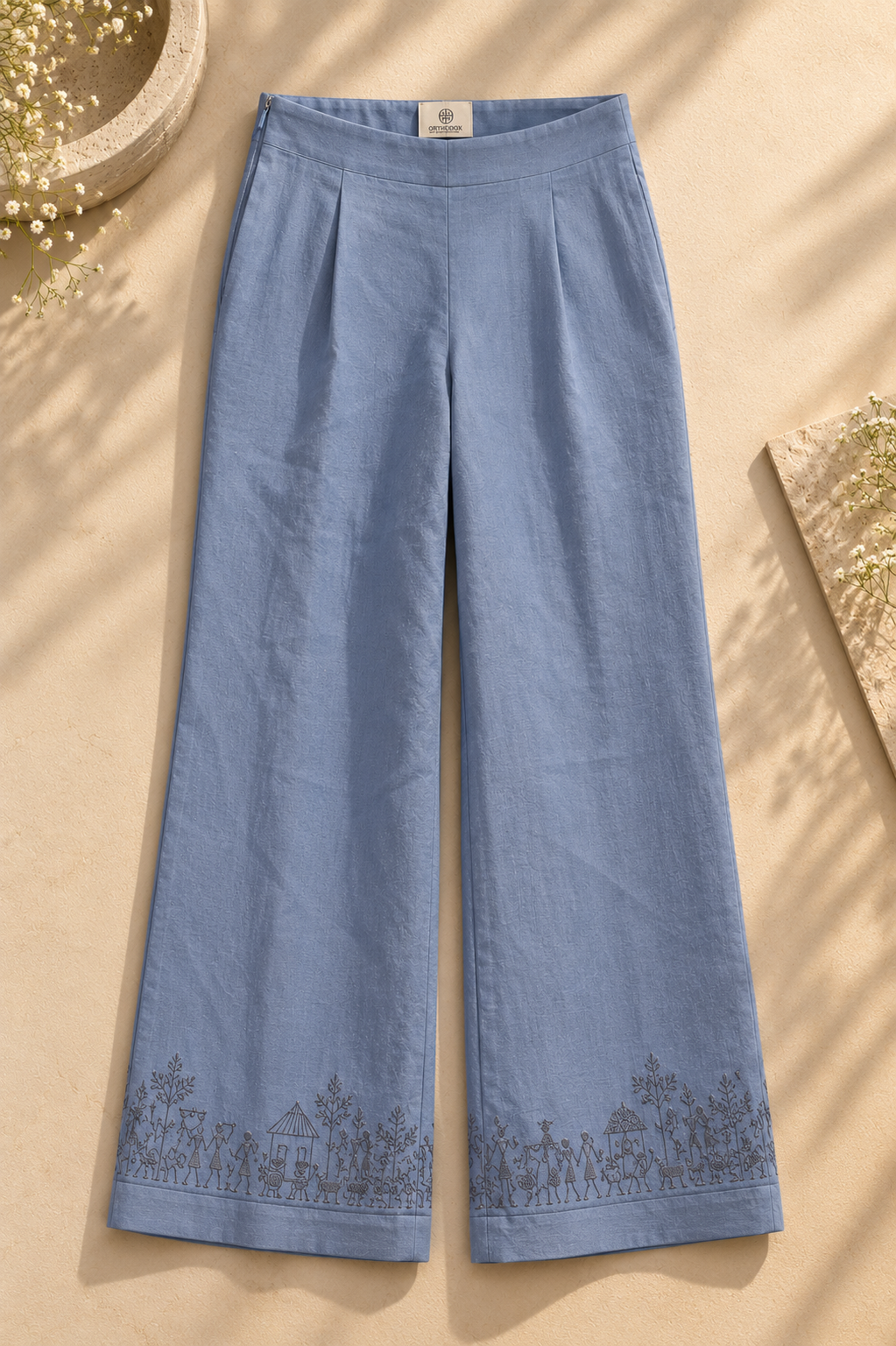 Symmetrical Embroidered Trousers – Warli - Dusty Blue