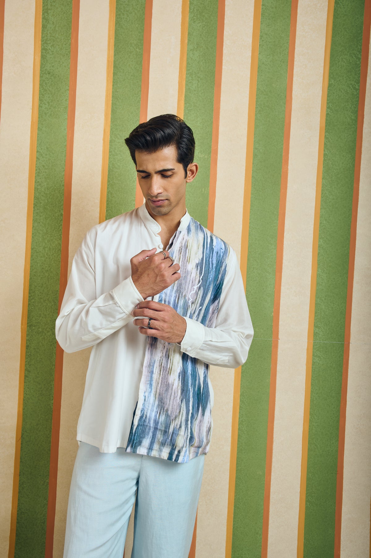 Split Canvas Men’s Shirt - Blue Brushstroke Print