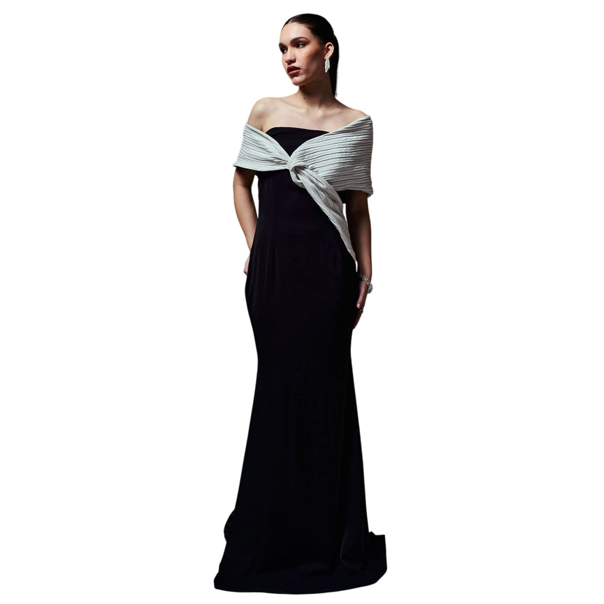Off-Shoulder Column Gown – Spiral - Black And White