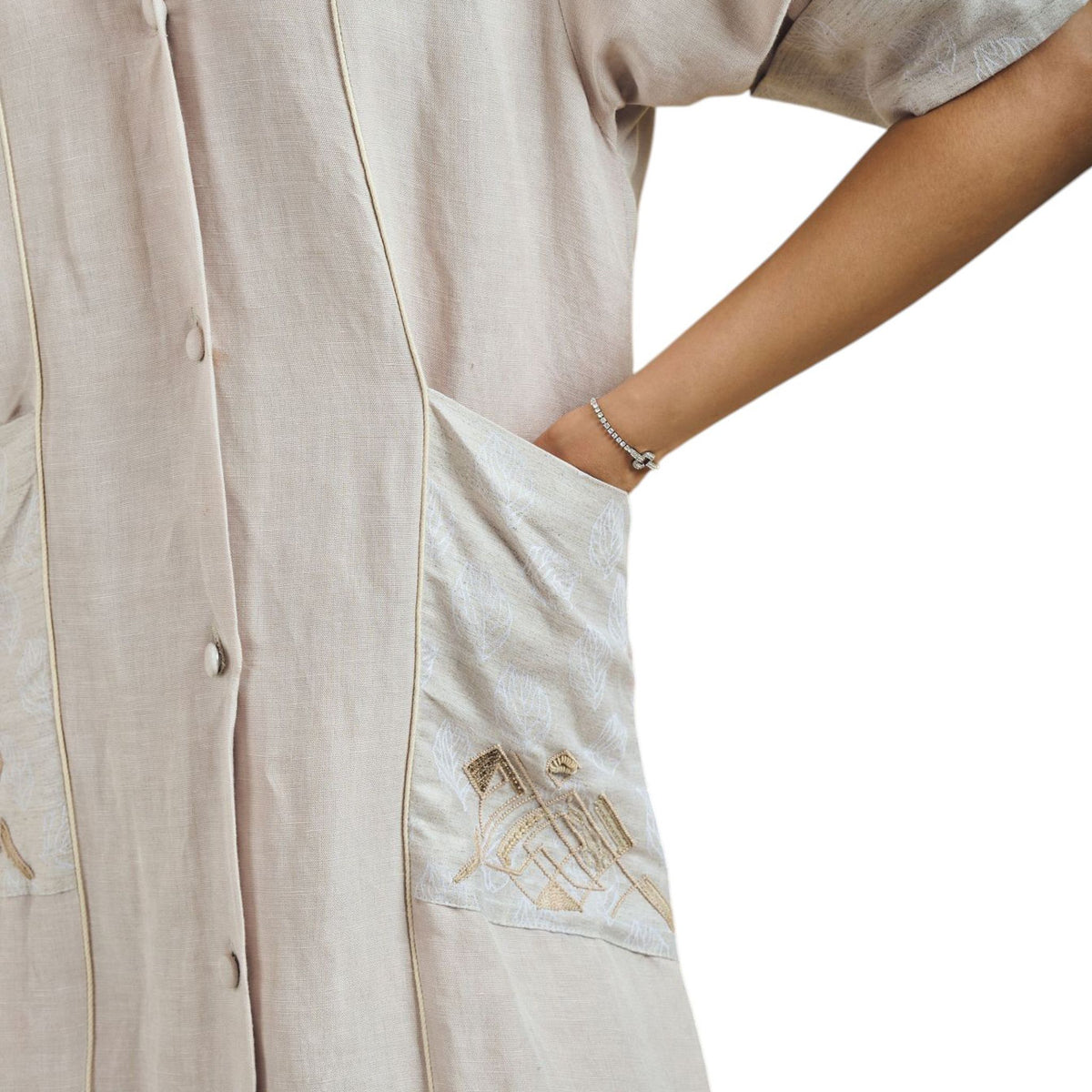 Notched Collar Hemp Shirt Dress – Stitch - Beige