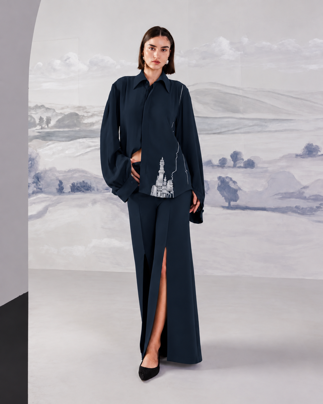 Front Slit Wide-Leg Trousers – Regal - Poseidon Navy