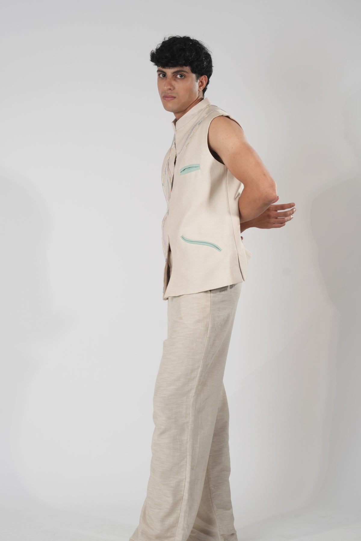 Men's Embroidered Sadri – Field - Beige