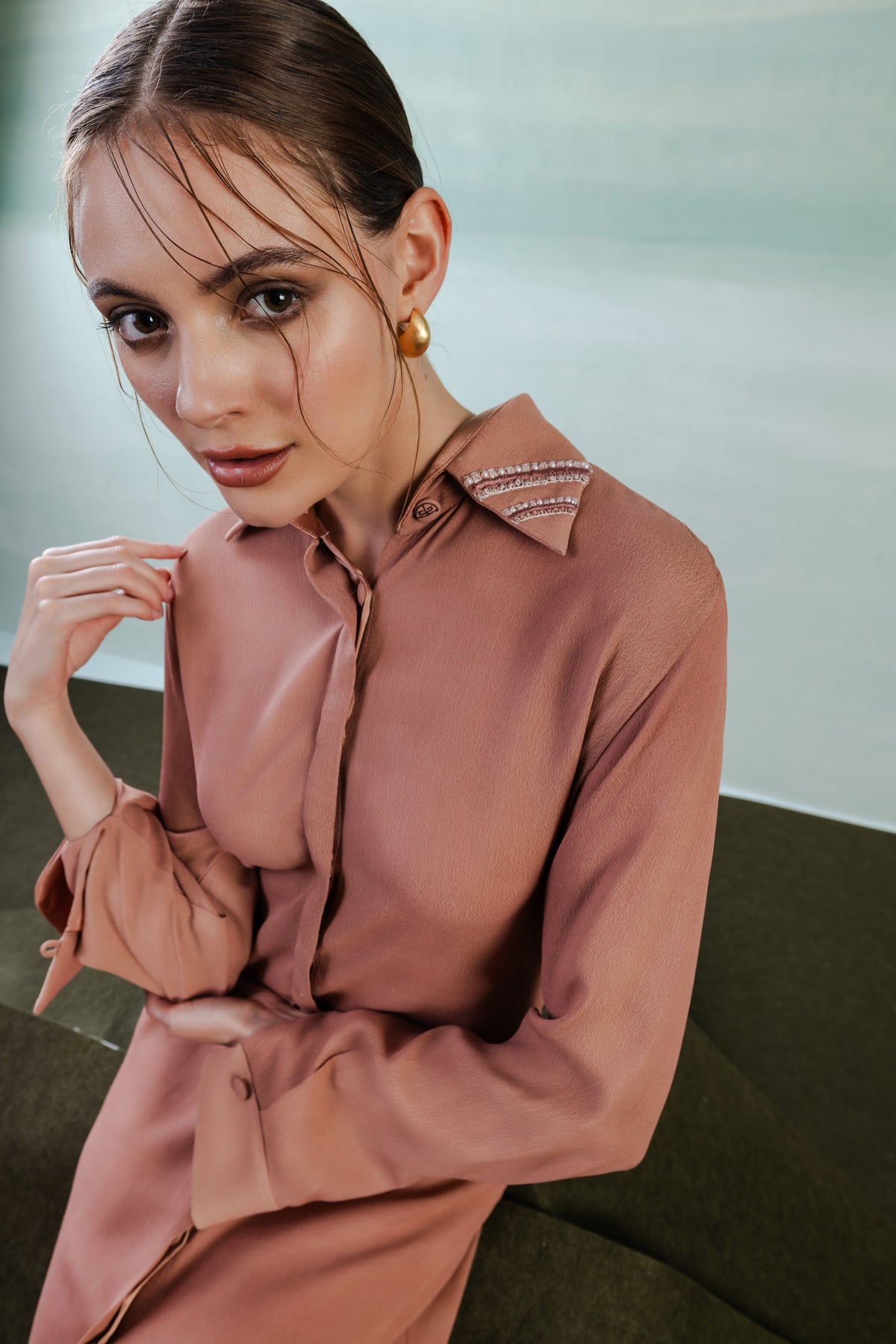 Side-Slit A-Line Shirt Dress - Pinkish Brown