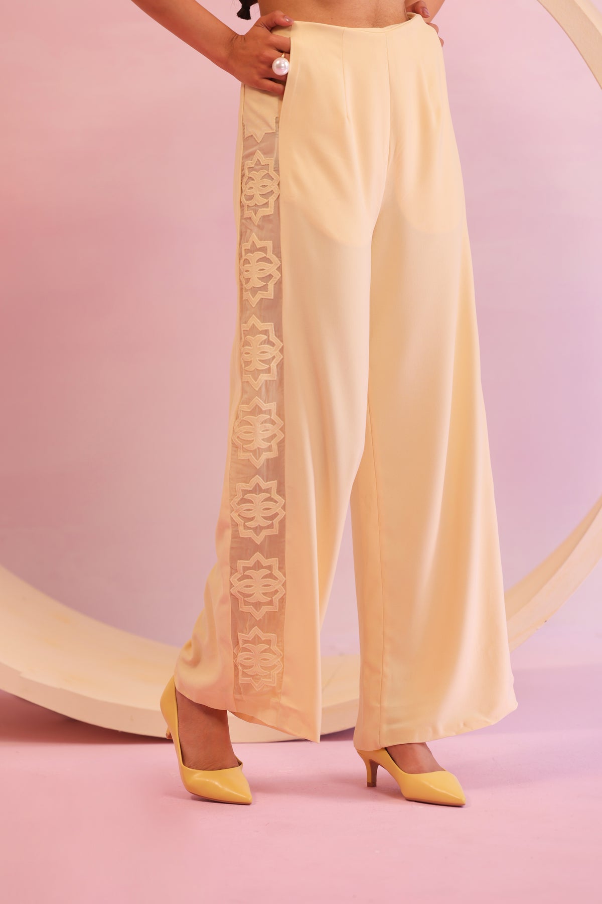 Mesh Side Panel Flared Trousers – Lattice Bloom - Yellow