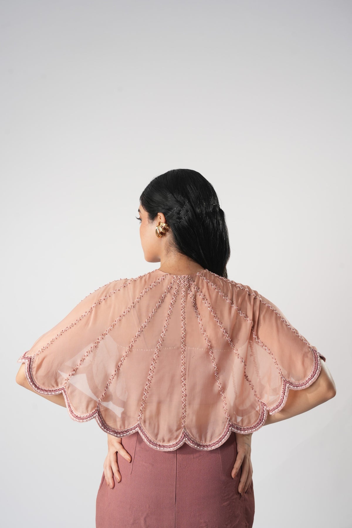 Embroidered Organza Over Cape – Celticus - Pinkish Brown