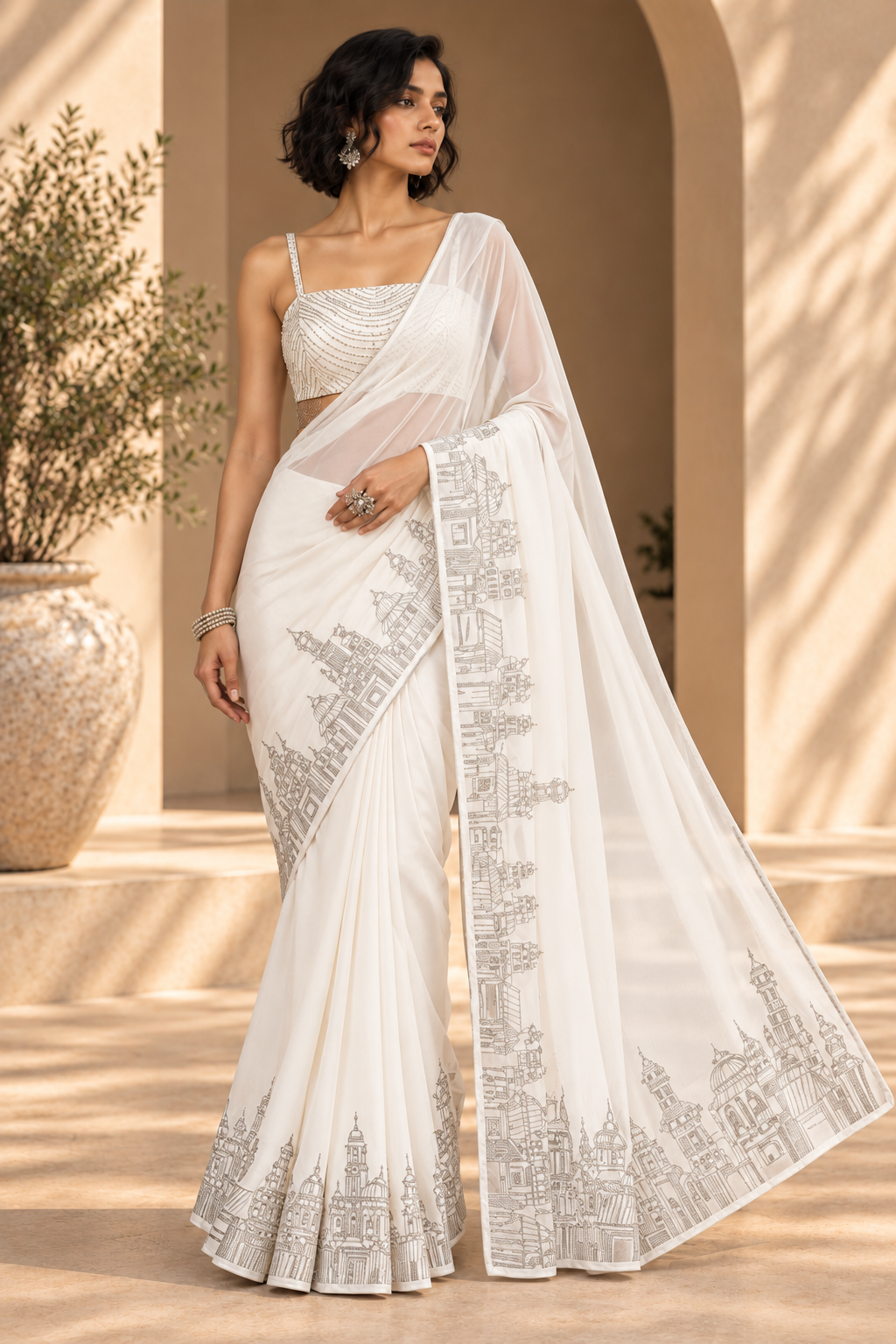 Embroidered Border Saree – Regal - White