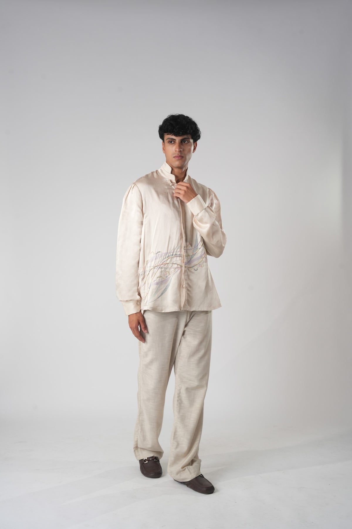 Mandarin Collar Embroidered Shirt – Eleusis - Beige