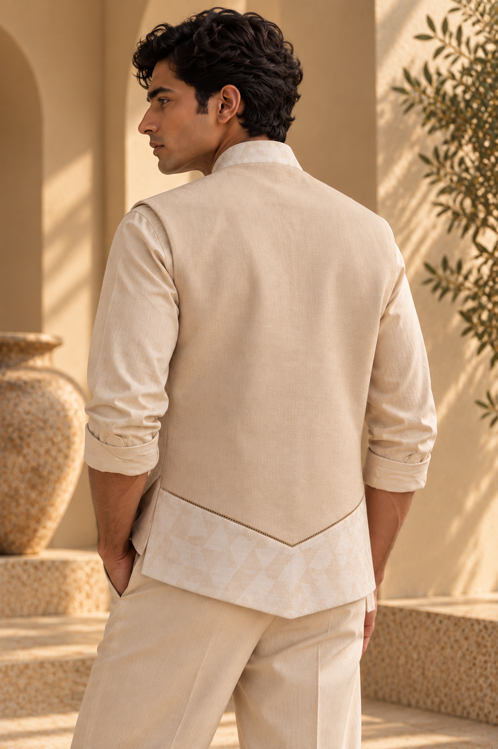 Men's Overlapped Sadri – Triangle - Beige