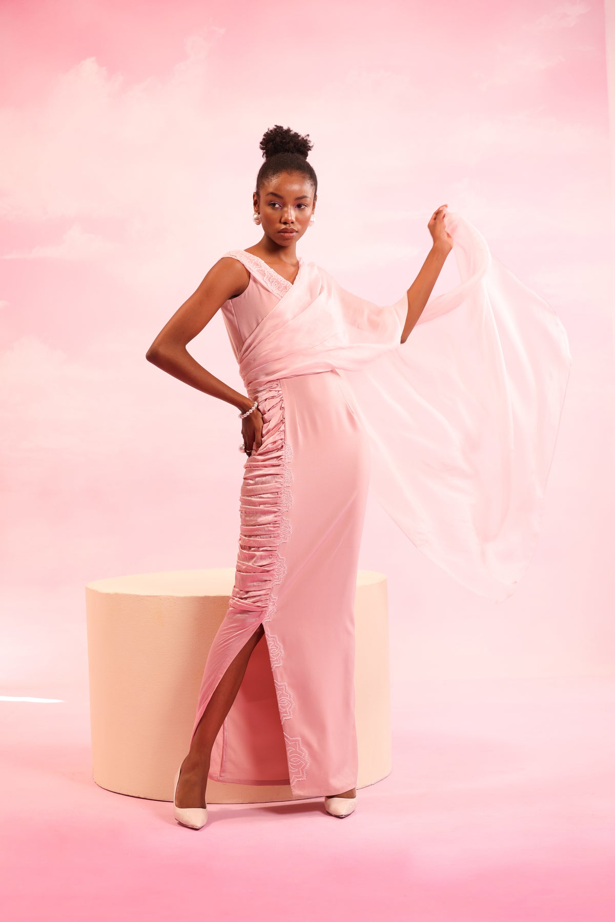Off-Shoulder Draped Gown – Sylvan Drift - Pink