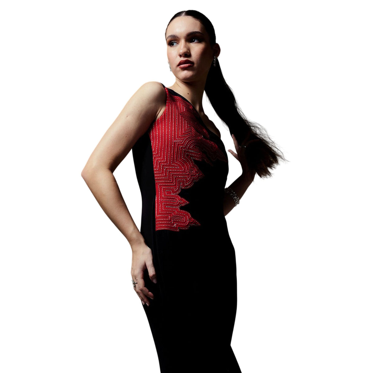 One-Shoulder Draped Gown – Contour - Black And Red