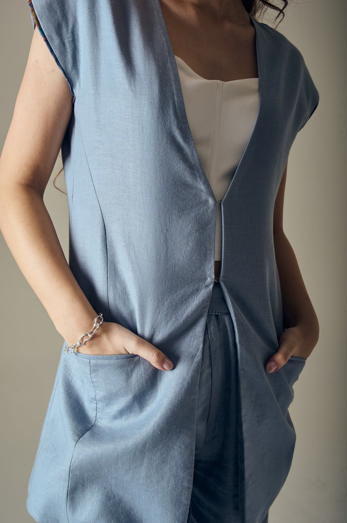 Linecraft Cap Sleeve Long Vest – Warli - Blue