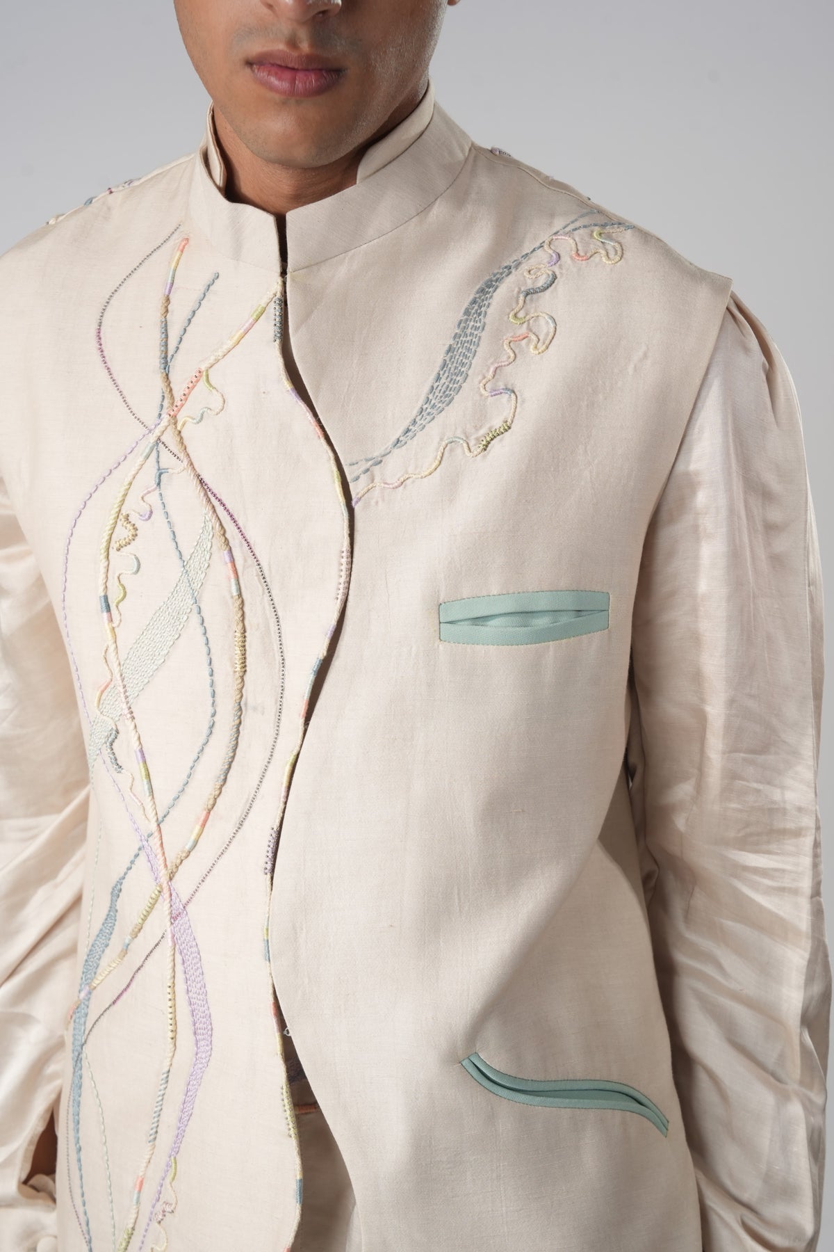 Men's Embroidered Sadri – Field - Beige