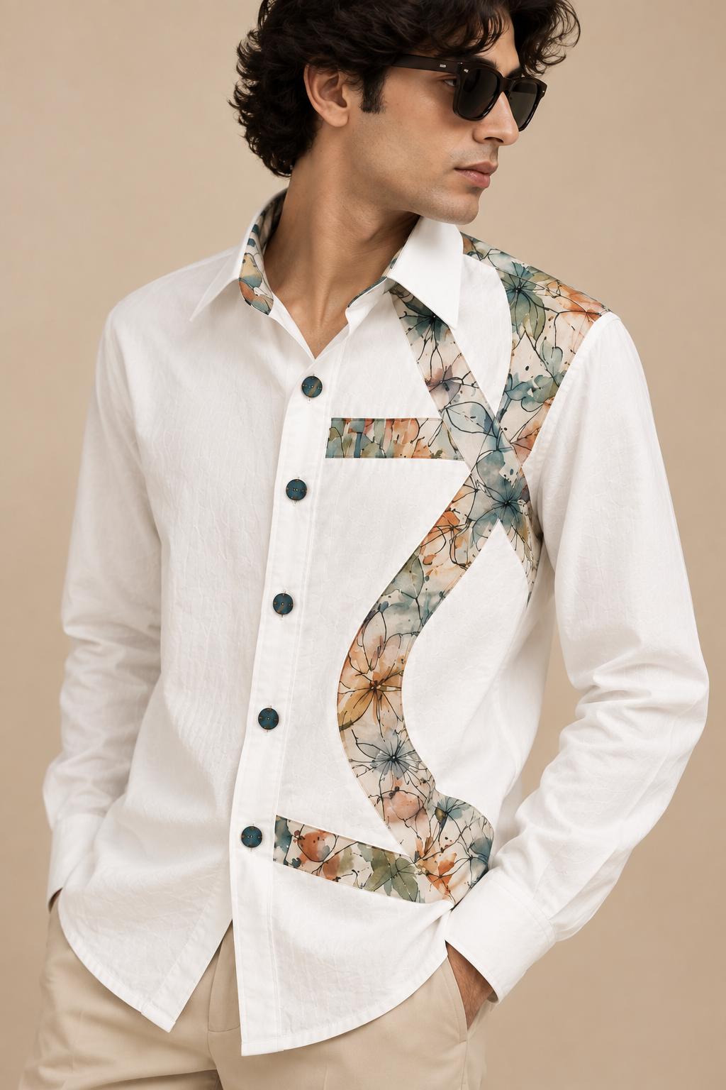 Men's Abstract Panel Shirt - Pastel Floral Print