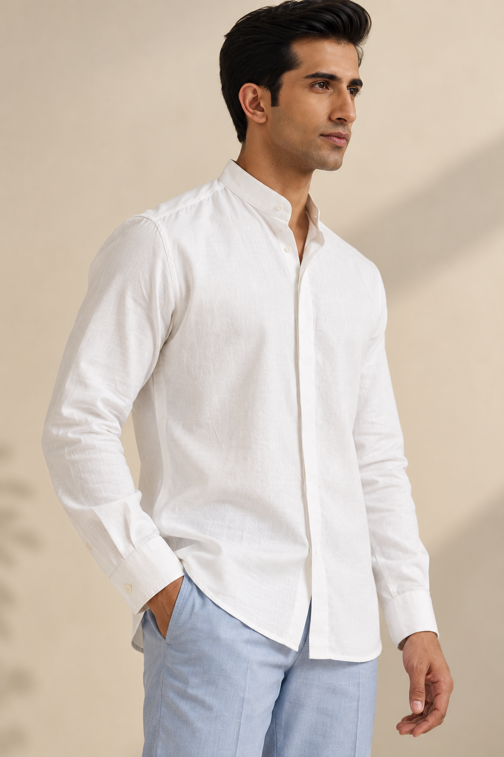 Men's Cotton Mandarin Collar Shirt - White