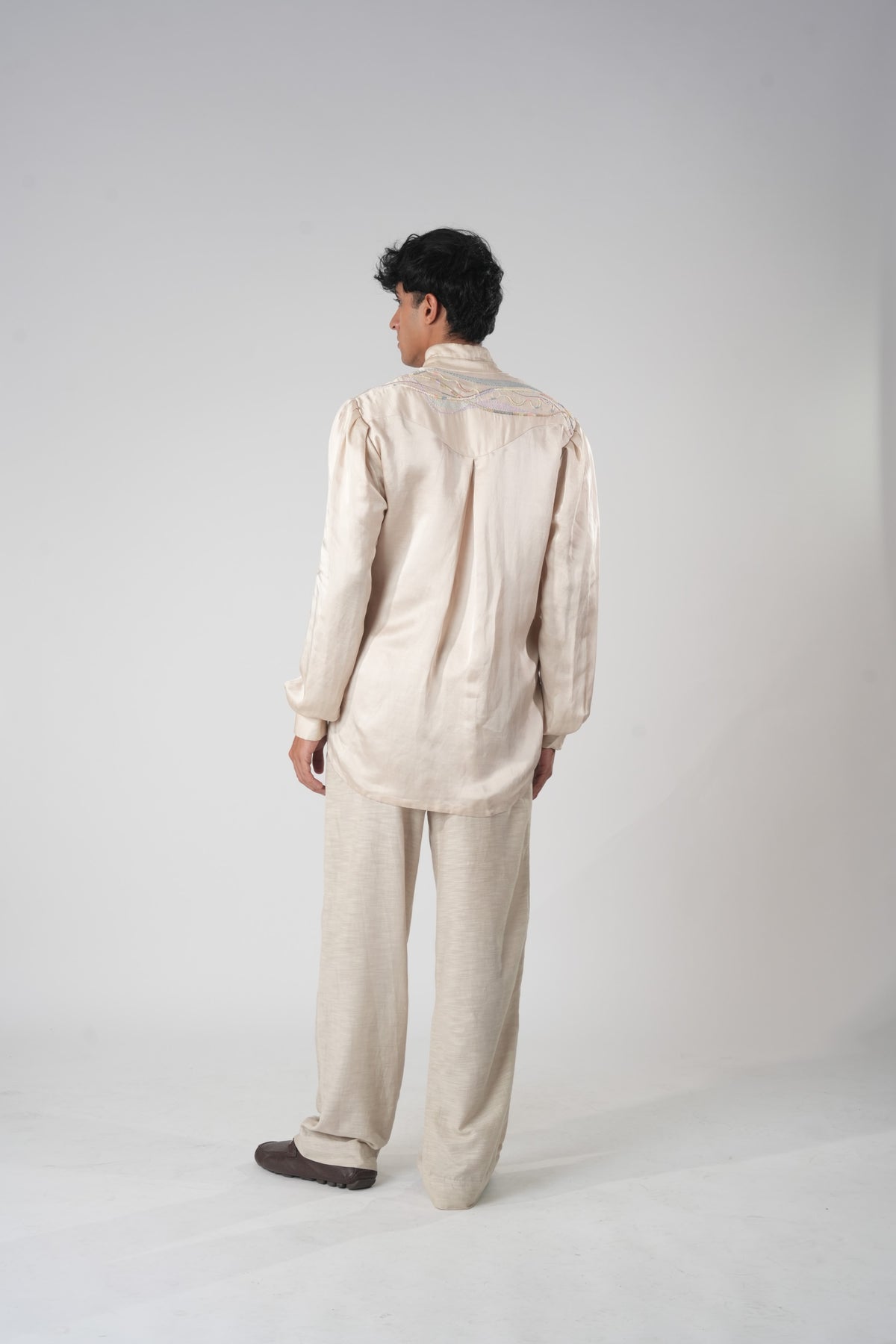 Mandarin Collar Embroidered Shirt – Eleusis - Beige