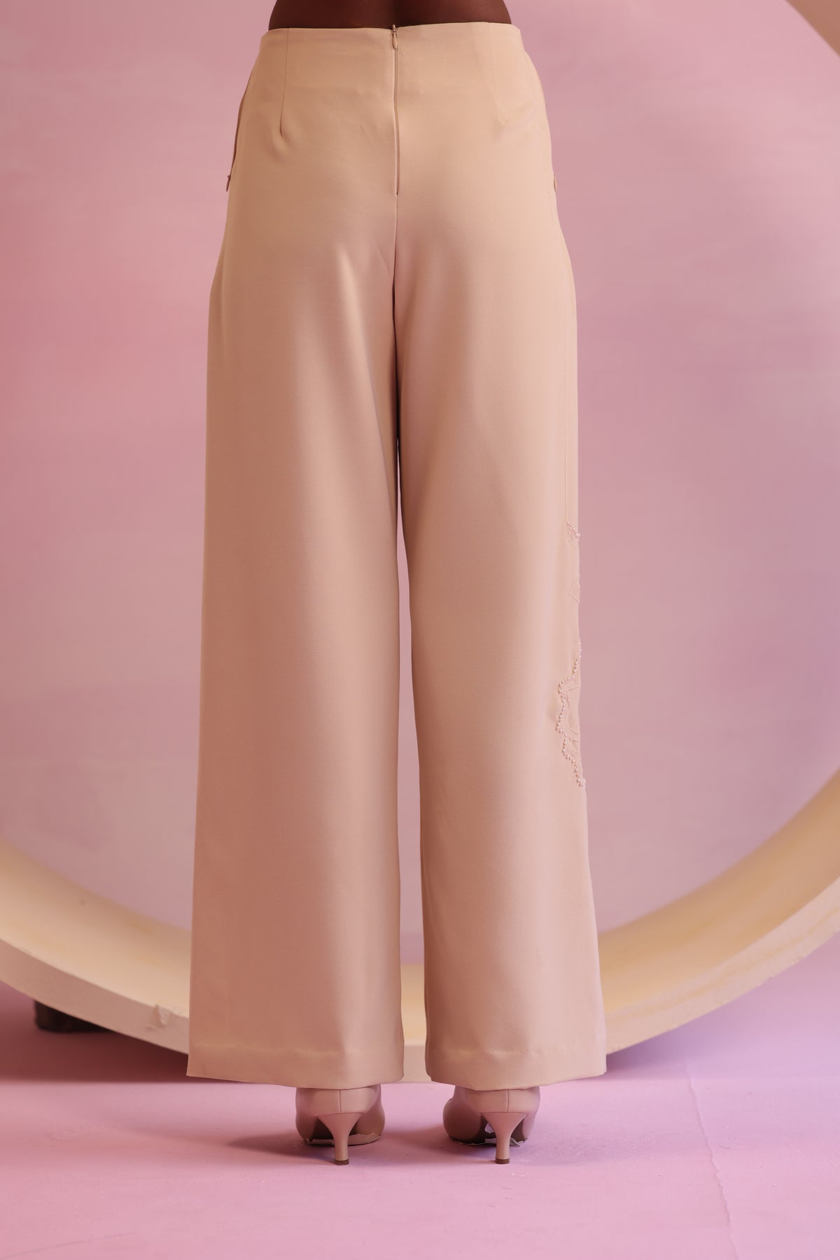 Embroidered Hem Wide-Leg Trousers – Enchanted Grove - Nude