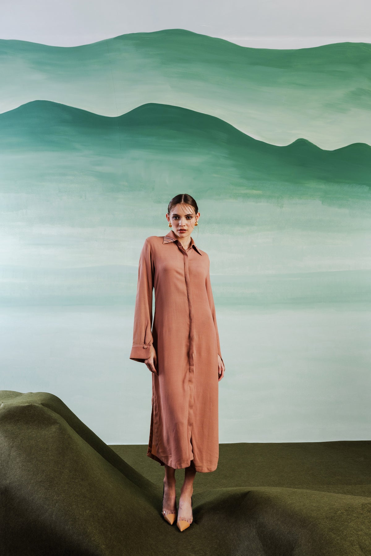 Side-Slit A-Line Shirt Dress - Pinkish Brown
