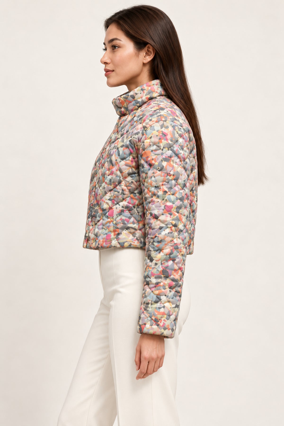 Quilted Collar Band Jacket – Quilt - Multicolour Print