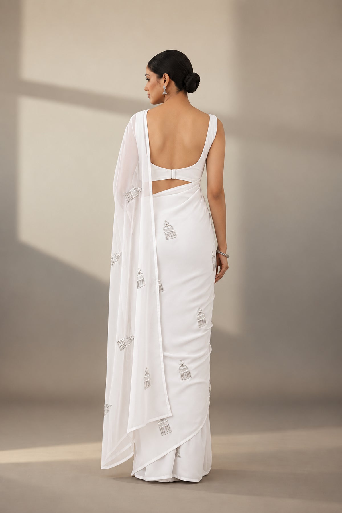 Motif Embroidered Organza Saree – Dome - White