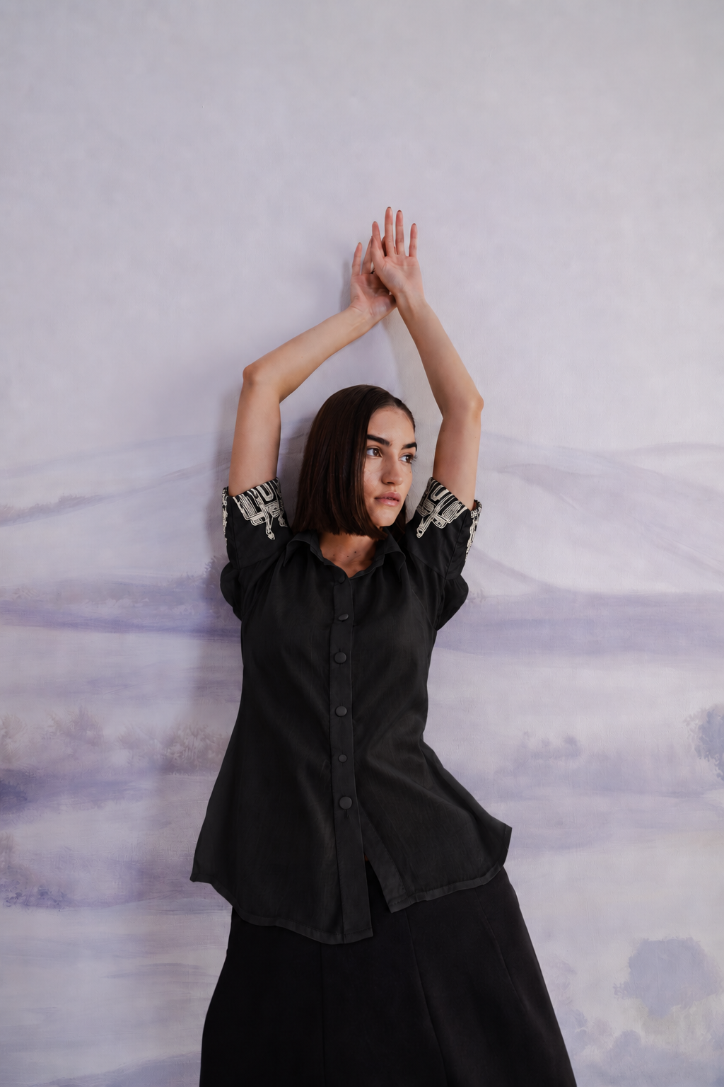 Embroidered Cuff Satin Shirt – Ensemble - Black