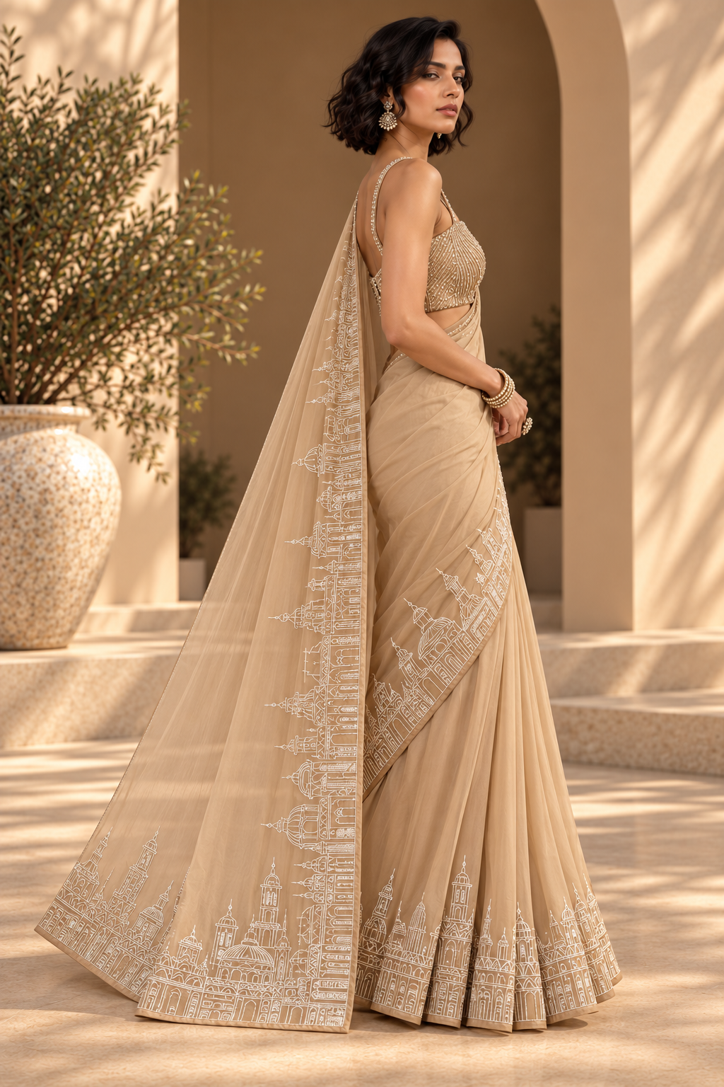 Embroidered Border Saree – Regal - Champagne Beige