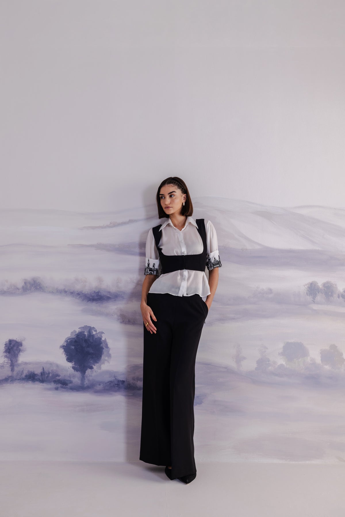 Embroidered Cuff Satin Shirt – Ensemble - White