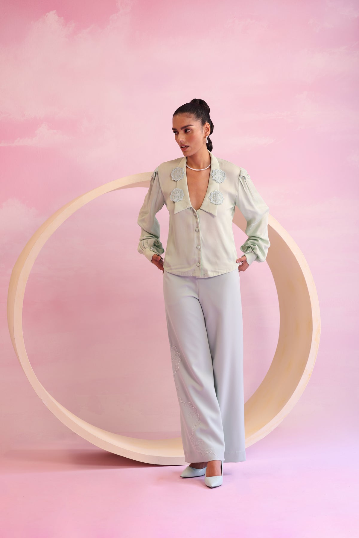 Satin Chelsea Collar Shirt – Floral Reverie - Mint Green