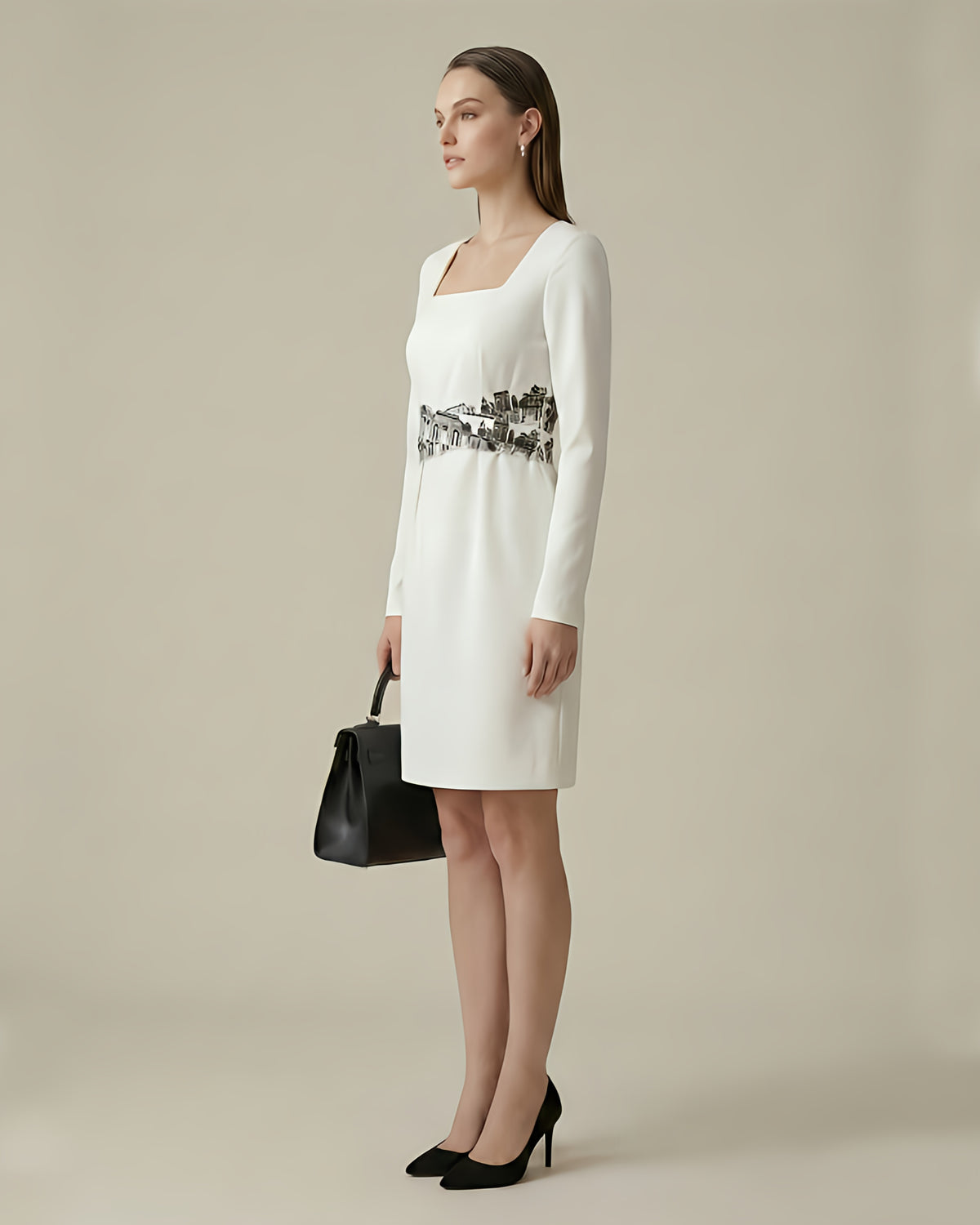Square Neck Embroidered Waist Dress back view, ORTHODOX