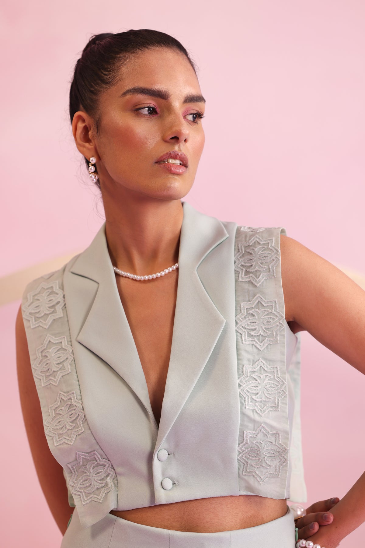 Pearl Mesh Notch Lapel Vest – Mystic - Mint Green