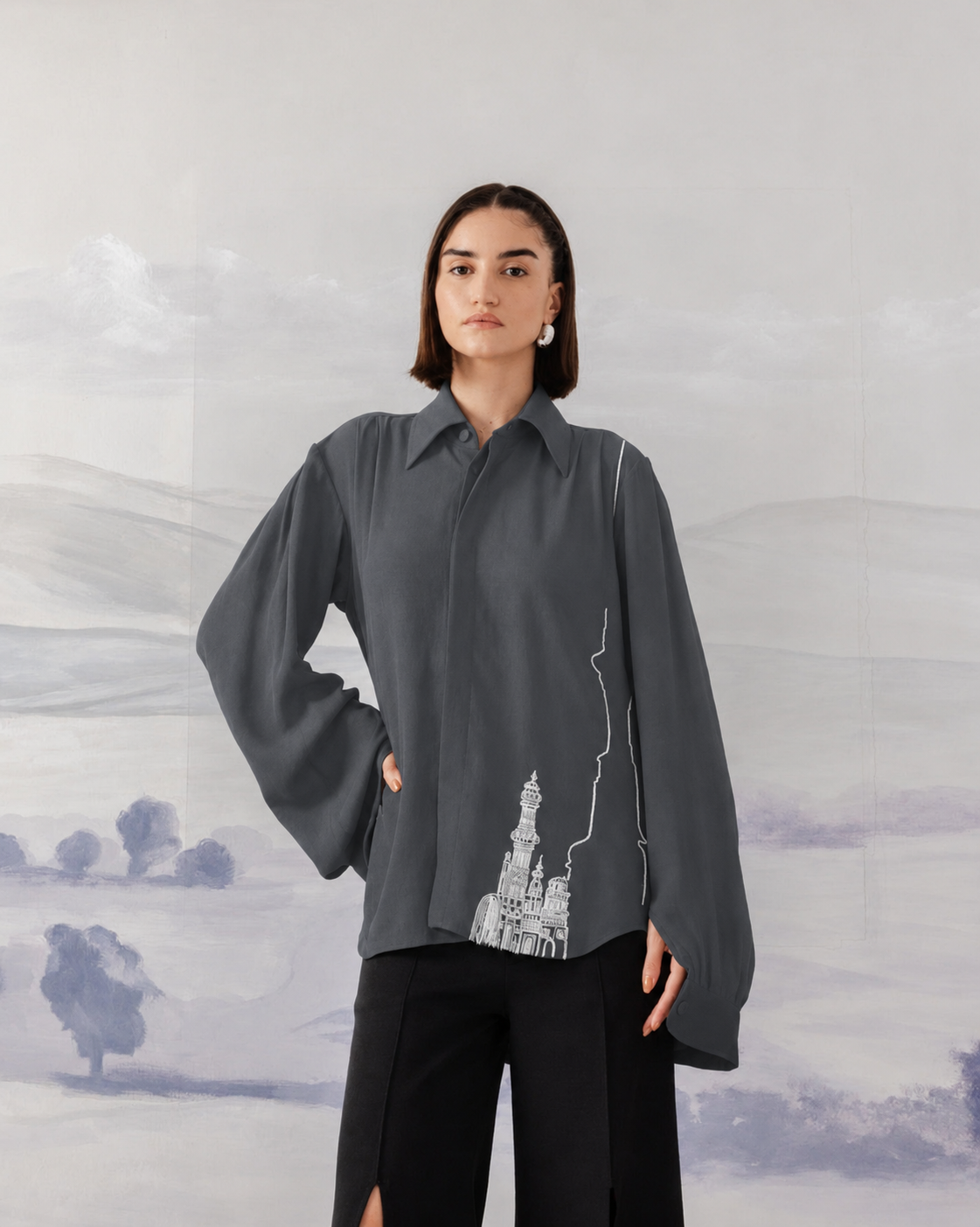 Beaded Line Embroidered Shirt – Feather - Underworld Grey