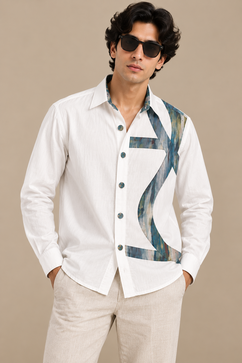 Men's Abstract Panel Shirt - Blue-grey Print
