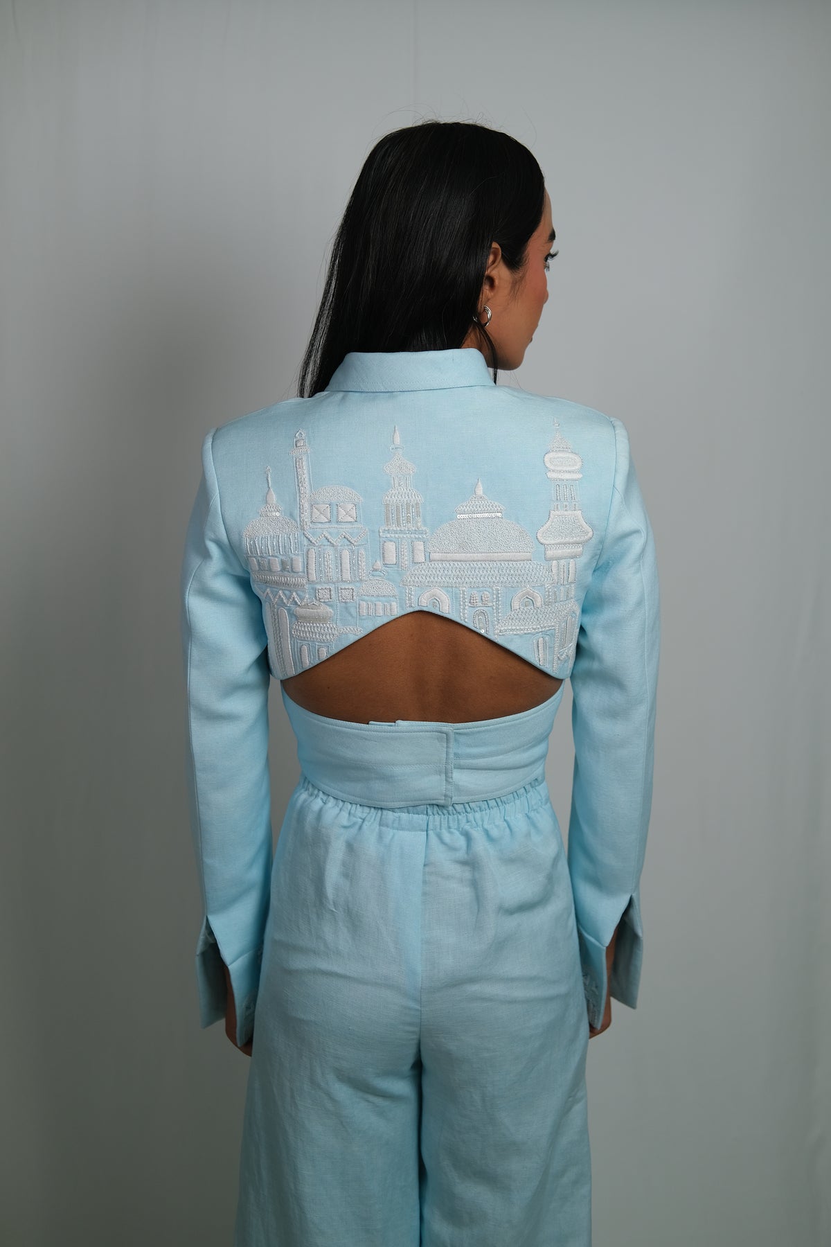 Criss Cross Open Back Crop Jacket – Roman - Sky Blue
