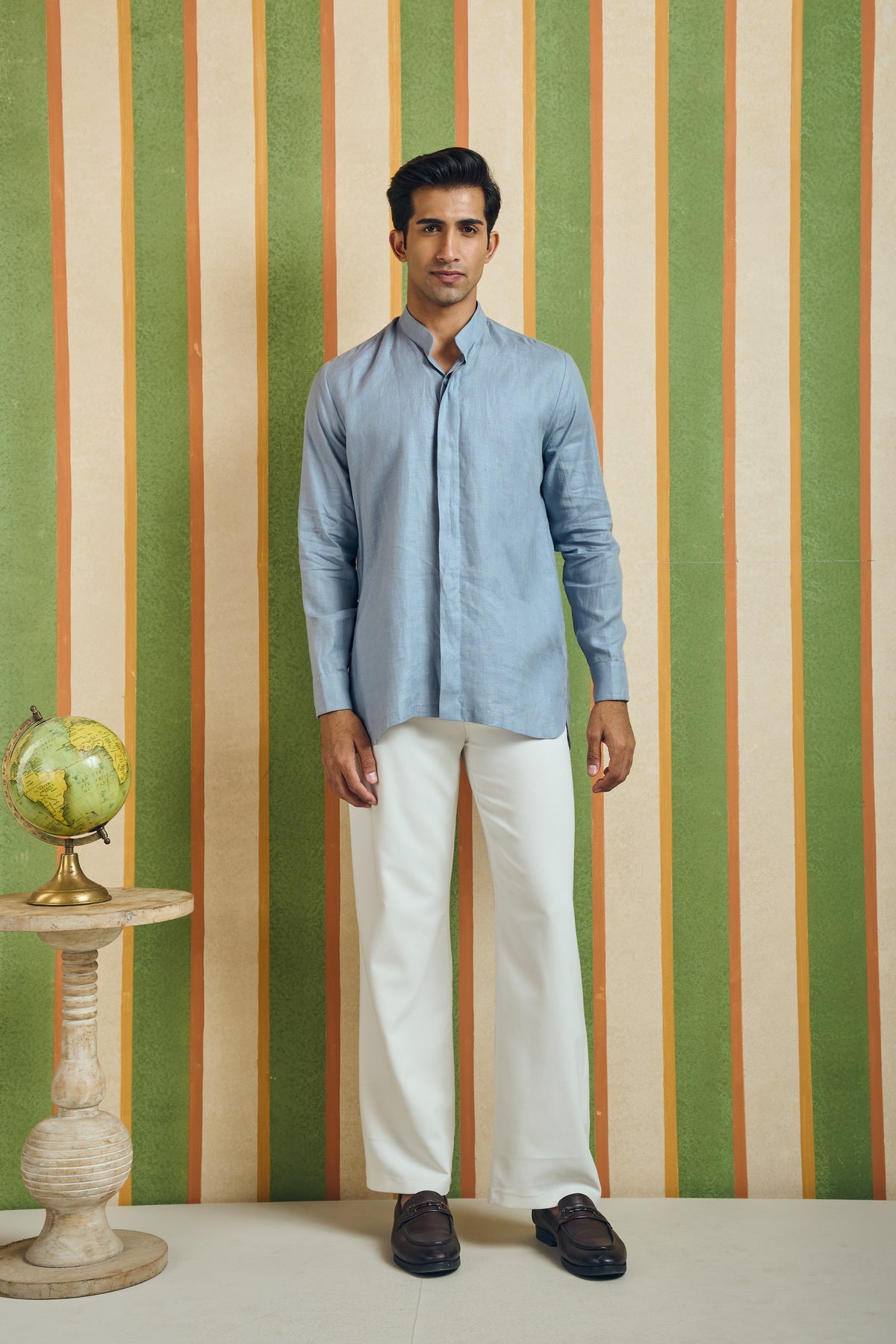 Men's Cotton Mandarin Collar Shirt - Sky Blue