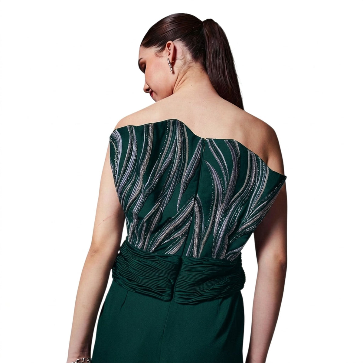 Off-Shoulder Embroidered Gown – Rivulet - Dark Green