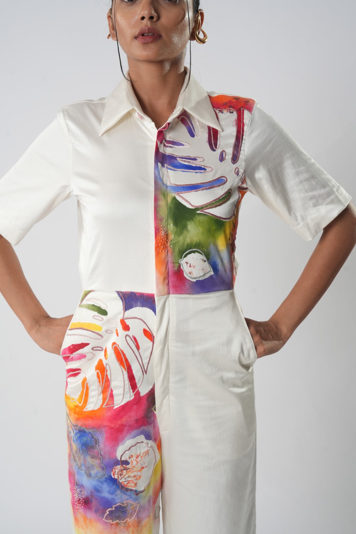 Hand-Painted Botanical Jumpsuit – Tropical Canvas - White