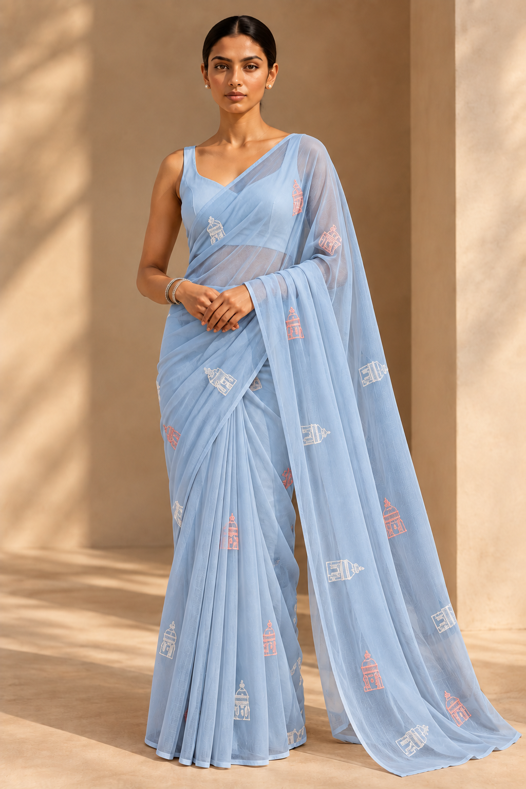 Chikankari Motif Saree – Lucknow - Pastel Blue