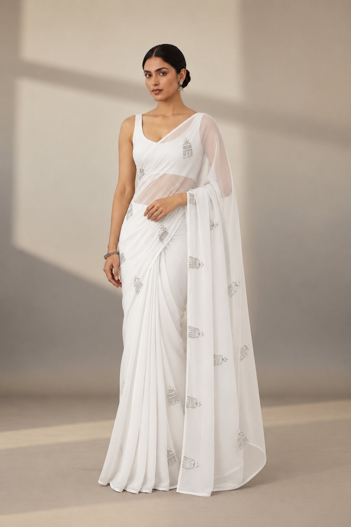 Motif Embroidered Organza Saree – Dome - White