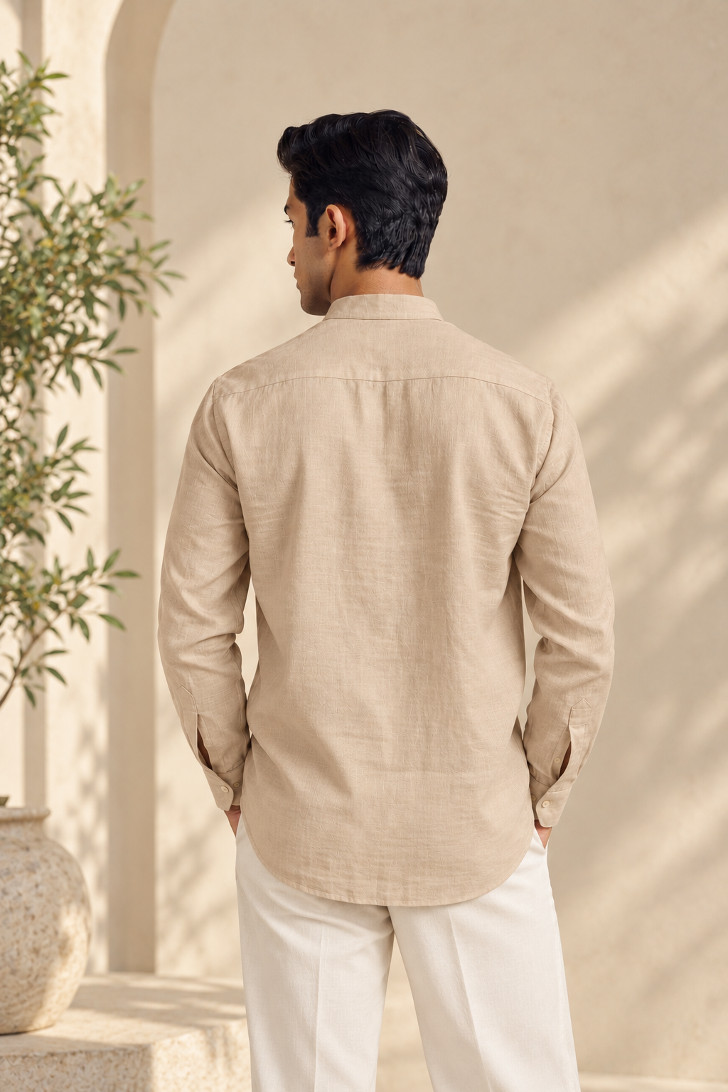 Men's Cotton Mandarin Collar Shirt - Beige